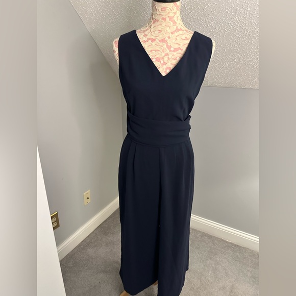 EUC J. Crew Faux Wrap Cutout Back Poplin Wide Leg Cropped Jumpsuit size 10 Navy - Picture 4 of 10